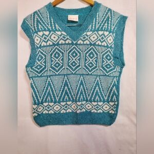 Vintage Nomi Teal and White V-Neck Sweater Vest Rami And Silk.